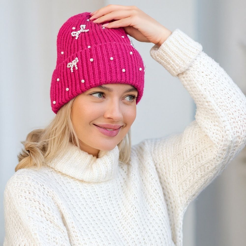 NWT Pearl Bow Charm Beanie Hat Fuchsia Hot Pink One Size for Women